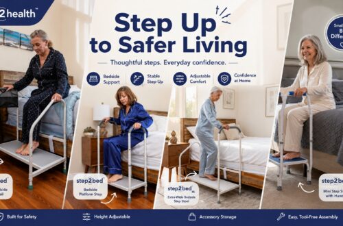 Step2Health promotional banner featuring four bedside safety products in realistic bedroom settings: a deluxe step-and-rail assist, bedside platform step, XL bedside step stool, and mini step stool, under the headline “Step Up to Safer Living.”