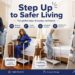 Step2Health promotional banner featuring four bedside safety products in realistic bedroom settings: a deluxe step-and-rail assist, bedside platform step, XL bedside step stool, and mini step stool, under the headline “Step Up to Safer Living.”
