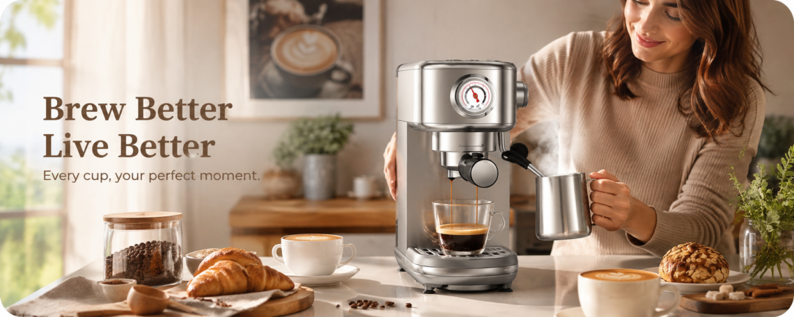 Woman uses a silver espresso machine to brew espresso and steam milk in a warm sunlit kitchen, with coffee beans, croissants and prepared lattes creating an inviting home café atmosphere.