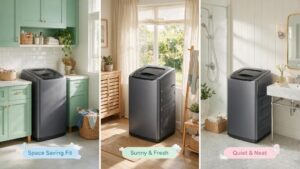 A three-panel collage demonstrating the versatility of a portable grey washing machine fitting perfectly into different home environments: a green kitchen space, a sunny living room, and a neat bathroom.