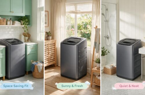 A three-panel collage demonstrating the versatility of a portable grey washing machine fitting perfectly into different home environments: a green kitchen space, a sunny living room, and a neat bathroom.