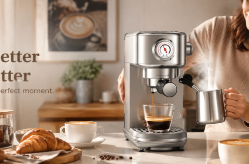 Woman uses a silver espresso machine to brew espresso and steam milk in a warm sunlit kitchen, with coffee beans, croissants and prepared lattes creating an inviting home café atmosphere.
