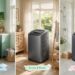 A three-panel collage demonstrating the versatility of a portable grey washing machine fitting perfectly into different home environments: a green kitchen space, a sunny living room, and a neat bathroom.