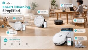 Lefant robot vacuum family showcase featuring multiple models placed across living room, dining area, and pet-friendly home scenes. The image highlights app control, pet hair cleaning, voice assistant support, smart connectivity, and vacuum-and-mop capabilities.