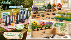 Adawook lifestyle collage featuring rechargeable fly fans for outdoor picnics, bonsai and seed-starting supplies for indoor gardening, and a colorful wildflower kit, highlighting eco-friendly outdoor and gardening solutions.