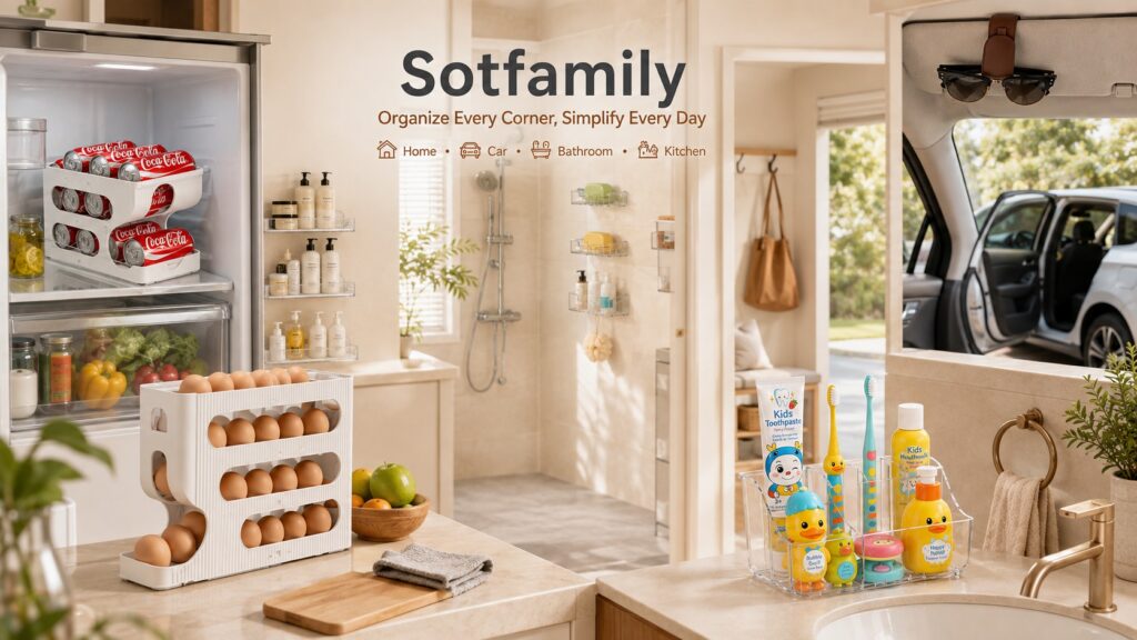 Sotfamily lifestyle banner showing kitchen, bathroom, and car organization products integrated into a modern home. Features can organizers, egg holders, kids bathroom storage, and car visor holders in real-life usage scenes.