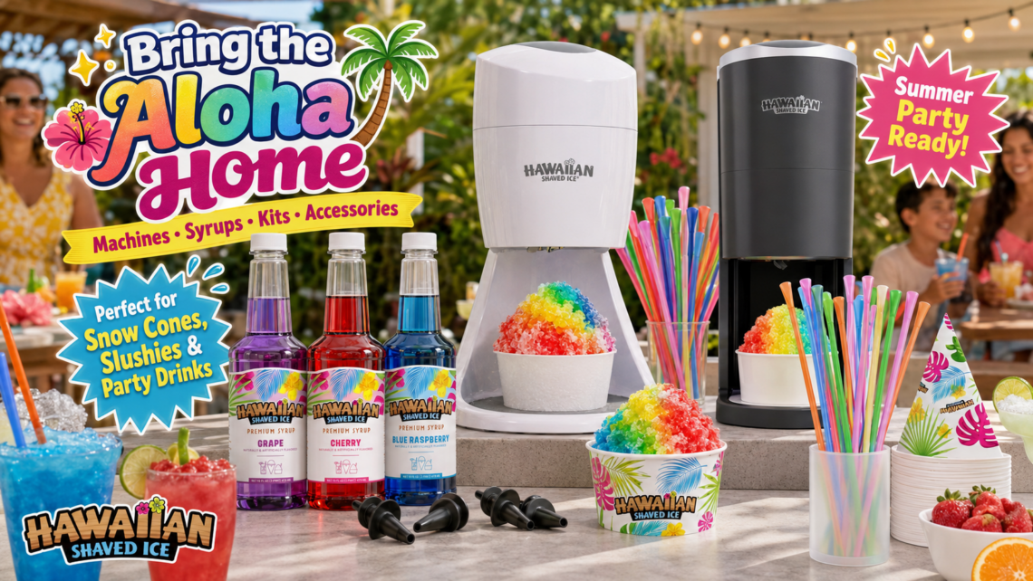 A vibrant brand lifestyle image from Hawaiian Shaved Ice titled "Bring the Aloha Home." A diverse product lineup is set up for an outdoor family party, including a white S900A and a black S777 shaved ice machine, three popular syrup flavors (Grape, Cherry, Blue Raspberry), colorful cups, spoon straws, and various prepared treats. Limes, strawberries, and drinks are on the table. A family is enjoying themselves in the background.