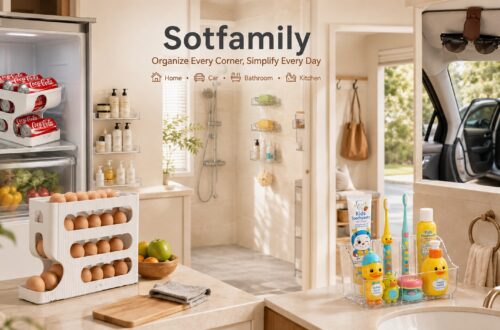 Sotfamily lifestyle banner showing kitchen, bathroom, and car organization products integrated into a modern home. Features can organizers, egg holders, kids bathroom storage, and car visor holders in real-life usage scenes.