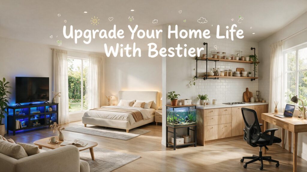Bestier modern home furniture showcase featuring an LED TV stand, upholstered bed frame, aquarium stand, kitchen shelf, and office chair, creating a comfortable, organized, and functional living environment.