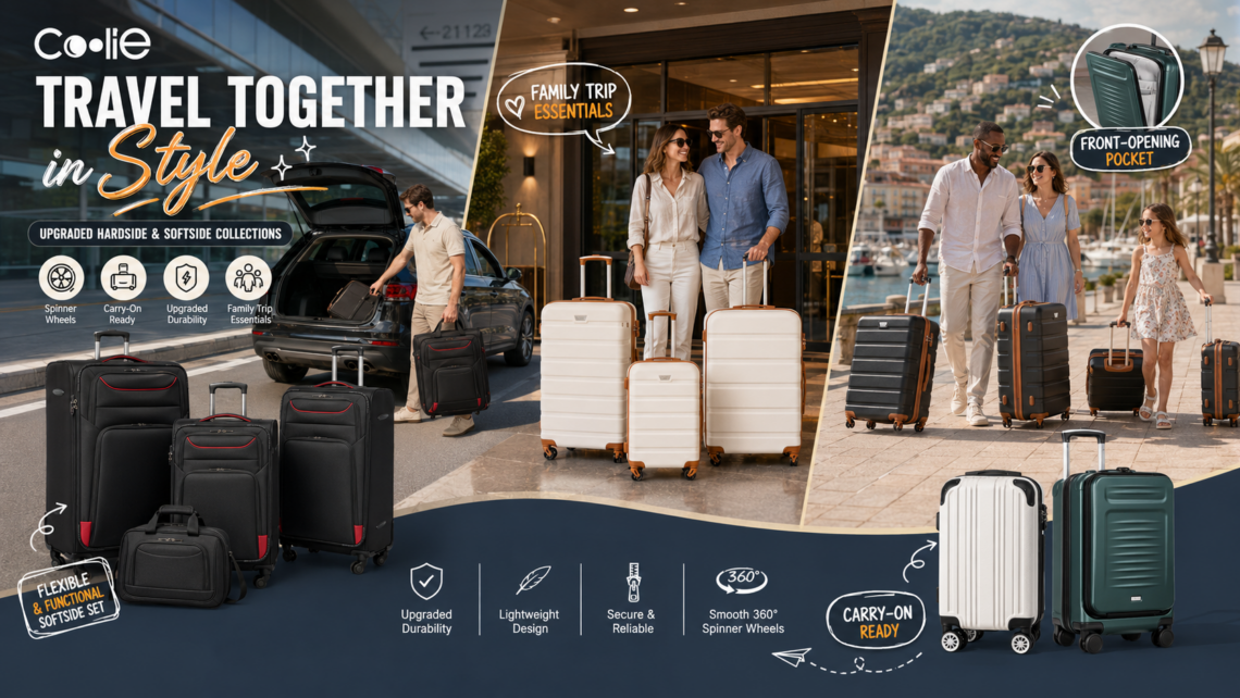 Coolife travel luggage collection shown across airport, hotel, and seaside family-trip scenes, featuring black softside sets, apricot-white and black hardshell sets, and green and white carry-ons with spinner wheels.