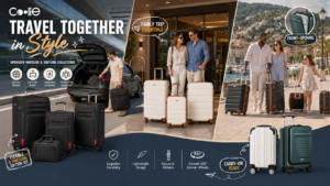 Coolife travel luggage collection shown across airport, hotel, and seaside family-trip scenes, featuring black softside sets, apricot-white and black hardshell sets, and green and white carry-ons with spinner wheels.