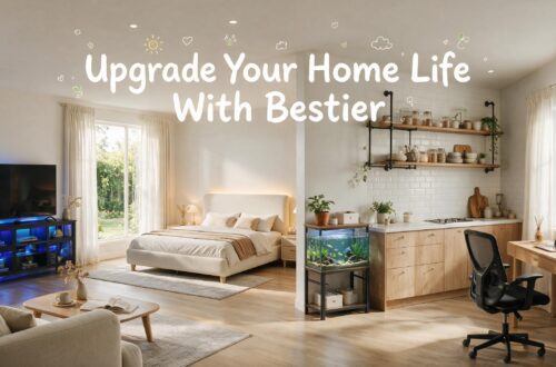 Bestier modern home furniture showcase featuring an LED TV stand, upholstered bed frame, aquarium stand, kitchen shelf, and office chair, creating a comfortable, organized, and functional living environment.