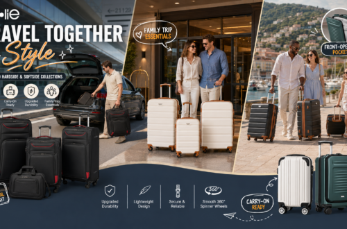 Coolife travel luggage collection shown across airport, hotel, and seaside family-trip scenes, featuring black softside sets, apricot-white and black hardshell sets, and green and white carry-ons with spinner wheels.
