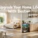 Bestier modern home furniture showcase featuring an LED TV stand, upholstered bed frame, aquarium stand, kitchen shelf, and office chair, creating a comfortable, organized, and functional living environment.