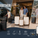 Coolife travel luggage collection shown across airport, hotel, and seaside family-trip scenes, featuring black softside sets, apricot-white and black hardshell sets, and green and white carry-ons with spinner wheels.