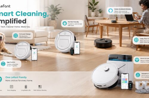 Lefant robot vacuum family showcase featuring multiple models placed across living room, dining area, and pet-friendly home scenes. The image highlights app control, pet hair cleaning, voice assistant support, smart connectivity, and vacuum-and-mop capabilities.