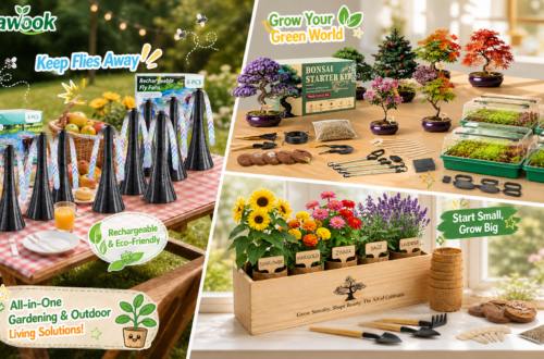 Adawook lifestyle collage featuring rechargeable fly fans for outdoor picnics, bonsai and seed-starting supplies for indoor gardening, and a colorful wildflower kit, highlighting eco-friendly outdoor and gardening solutions.