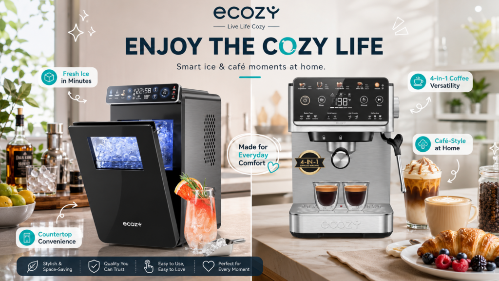 ecozy lifestyle banner featuring a smart countertop ice maker and 4-in-1 espresso machine in a bright modern kitchen, surrounded by iced drinks, espresso, latte, coffee beans, pastries, and playful feature callouts under the headline “Enjoy the Cozy Life.”