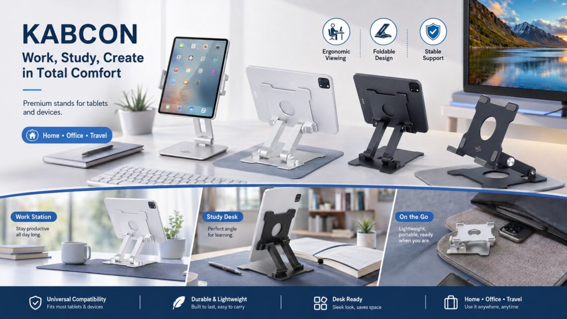 KABCON tablet stand collection featuring multiple adjustable and foldable designs for different scenarios. The lineup supports workstation, study desk, and travel setups with ergonomic viewing, durable construction, and universal compatibility.