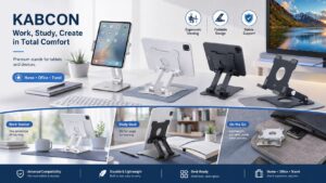 KABCON tablet stand collection featuring multiple adjustable and foldable designs for different scenarios. The lineup supports workstation, study desk, and travel setups with ergonomic viewing, durable construction, and universal compatibility.