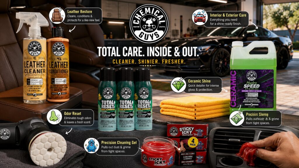 An informative illustration showing a collection of Chemical Guys products spread out in a garage. Distinctive circular labels with icons and descriptive text point to the Leather Cleaner ("Leather Restore"), Odor Eliminator ("Odor Reset"), Polishing Pad ("Precision Shinning"), and Cleaning Gel ("Precision Cleaning Gel"). A hand is applying the gel to an air vent. Text includes "TOTAL CARE. INSIDE & OUT."