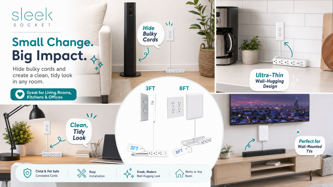 Sleek Socket promotional collage showing 3FT and 8FT outlet concealers in realistic living room, kitchen, home office, and wall-mounted TV settings. Teal callouts highlight hidden bulky cords, ultra-thin wall-hugging design, easy installation, and a cleaner, tidier home.