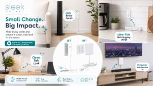 Sleek Socket promotional collage showing 3FT and 8FT outlet concealers in realistic living room, kitchen, home office, and wall-mounted TV settings. Teal callouts highlight hidden bulky cords, ultra-thin wall-hugging design, easy installation, and a cleaner, tidier home.