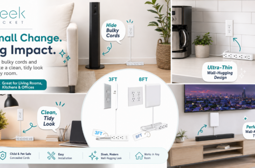Sleek Socket promotional collage showing 3FT and 8FT outlet concealers in realistic living room, kitchen, home office, and wall-mounted TV settings. Teal callouts highlight hidden bulky cords, ultra-thin wall-hugging design, easy installation, and a cleaner, tidier home.