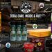 An informative illustration showing a collection of Chemical Guys products spread out in a garage. Distinctive circular labels with icons and descriptive text point to the Leather Cleaner ("Leather Restore"), Odor Eliminator ("Odor Reset"), Polishing Pad ("Precision Shinning"), and Cleaning Gel ("Precision Cleaning Gel"). A hand is applying the gel to an air vent. Text includes "TOTAL CARE. INSIDE & OUT."