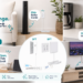 Sleek Socket promotional collage showing 3FT and 8FT outlet concealers in realistic living room, kitchen, home office, and wall-mounted TV settings. Teal callouts highlight hidden bulky cords, ultra-thin wall-hugging design, easy installation, and a cleaner, tidier home.