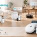 Lefant robot vacuum family showcase featuring multiple models placed across living room, dining area, and pet-friendly home scenes. The image highlights app control, pet hair cleaning, voice assistant support, smart connectivity, and vacuum-and-mop capabilities.