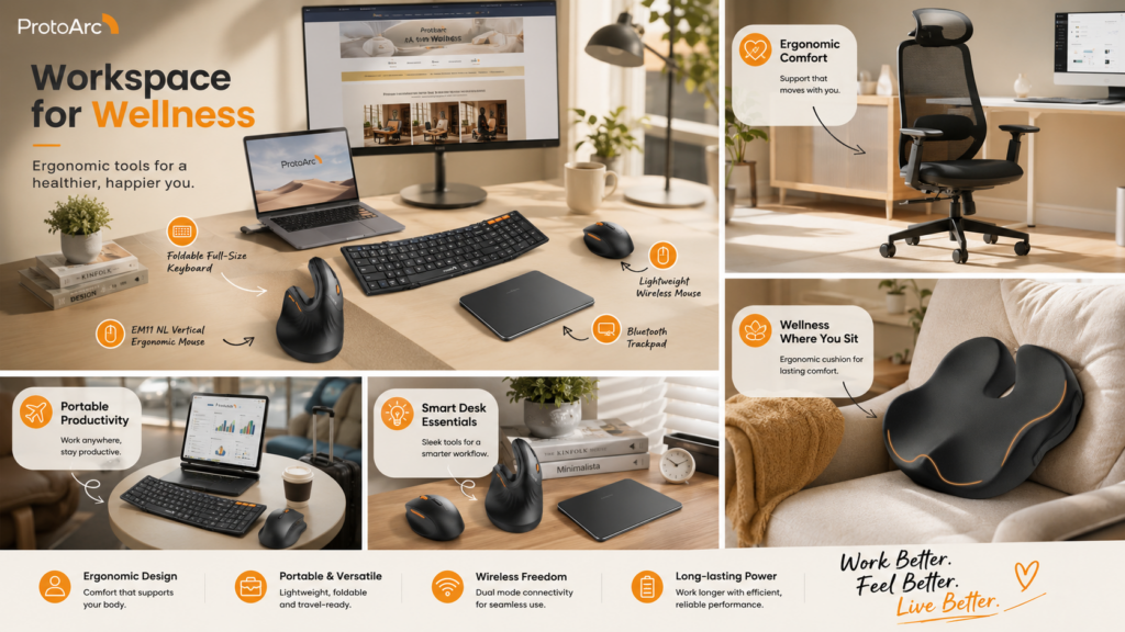 ProtoArc “Workspace for Wellness” promotional collage featuring a vertical ergonomic mouse, foldable keyboard, wireless mouse, Bluetooth trackpad, ergonomic office chair, and seat cushion across realistic home-office, portable-work, and comfort-focused lifestyle scenes.
