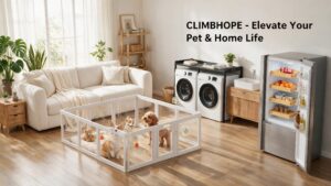 Spacious living room featuring a clear acrylic dog playpen with multiple pets inside. The transparent enclosure blends with home decor while providing a safe play area for puppies and small animals.