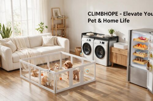 Spacious living room featuring a clear acrylic dog playpen with multiple pets inside. The transparent enclosure blends with home decor while providing a safe play area for puppies and small animals.