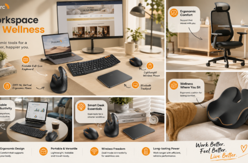 ProtoArc “Workspace for Wellness” promotional collage featuring a vertical ergonomic mouse, foldable keyboard, wireless mouse, Bluetooth trackpad, ergonomic office chair, and seat cushion across realistic home-office, portable-work, and comfort-focused lifestyle scenes.