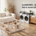 Spacious living room featuring a clear acrylic dog playpen with multiple pets inside. The transparent enclosure blends with home decor while providing a safe play area for puppies and small animals.