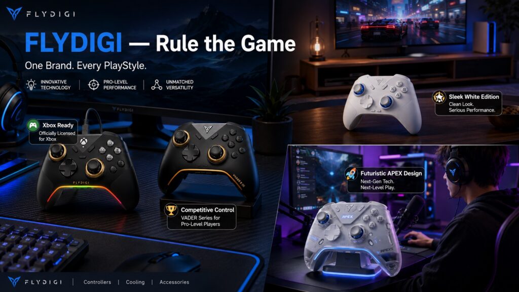 FLYDIGI gaming ecosystem lifestyle showcase featuring multiple controller models across different real-world gaming scenarios, including esports desk setups, living room gaming spaces, and streaming environments. The image presents the FLYDIGI Rule the Game concept and highlights Xbox Ready, Competitive Control, Sleek White Edition, and Futuristic APEX Design features.
