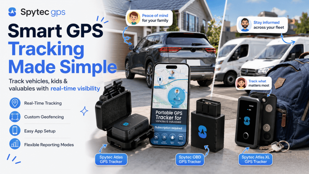 An overview marketing image for the Spytec GPS product line, with the large title "Smart GPS Tracking Made Simple" and subtitle "Track vehicles, kids & valuables with real-time visibility." The image displays three different tracker products, each surrounded by cartoon icons and text bubbles. On the left is the Atlas tracker in its waterproof case, with a cartoon icon for "Peace of mind for your family"; in the middle is the OBD tracker plugged into a port, with a cartoon icon for "Stay informed across your fleet," and a smartphone displaying a map; on the right is the Atlas XL tracker with magnets, with a cartoon icon for "Track what matters most." Background elements include cars, vans, a house, and a bag. General feature icons and text are listed on the left.