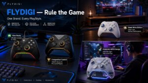 FLYDIGI gaming ecosystem lifestyle showcase featuring multiple controller models across different real-world gaming scenarios, including esports desk setups, living room gaming spaces, and streaming environments. The image presents the FLYDIGI Rule the Game concept and highlights Xbox Ready, Competitive Control, Sleek White Edition, and Futuristic APEX Design features.