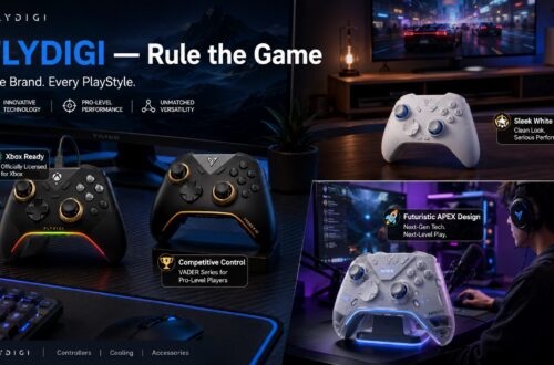 FLYDIGI gaming ecosystem lifestyle showcase featuring multiple controller models across different real-world gaming scenarios, including esports desk setups, living room gaming spaces, and streaming environments. The image presents the FLYDIGI Rule the Game concept and highlights Xbox Ready, Competitive Control, Sleek White Edition, and Futuristic APEX Design features.