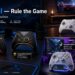 FLYDIGI gaming ecosystem lifestyle showcase featuring multiple controller models across different real-world gaming scenarios, including esports desk setups, living room gaming spaces, and streaming environments. The image presents the FLYDIGI Rule the Game concept and highlights Xbox Ready, Competitive Control, Sleek White Edition, and Futuristic APEX Design features.