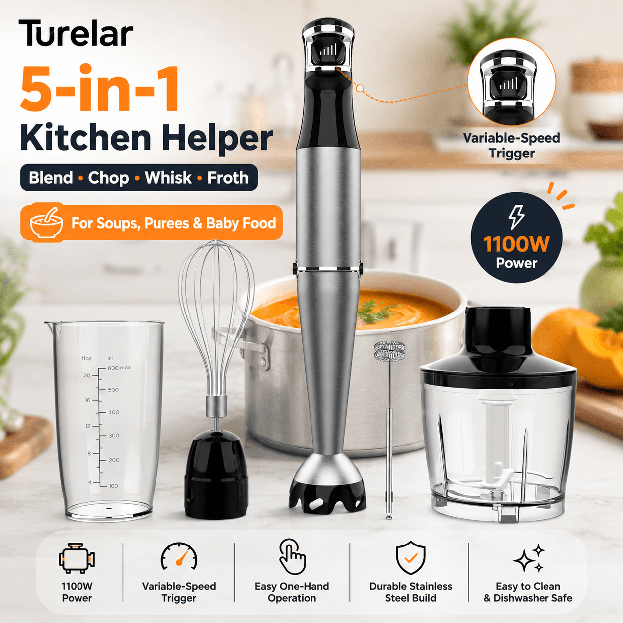 Turelar 1100W 5-in-1 immersion blender set in a modern kitchen, featuring a stainless steel hand blender, measuring beaker, whisk, milk frother, and food chopper for blending soups, purees, baby food, chopping, whisking, and frothing.