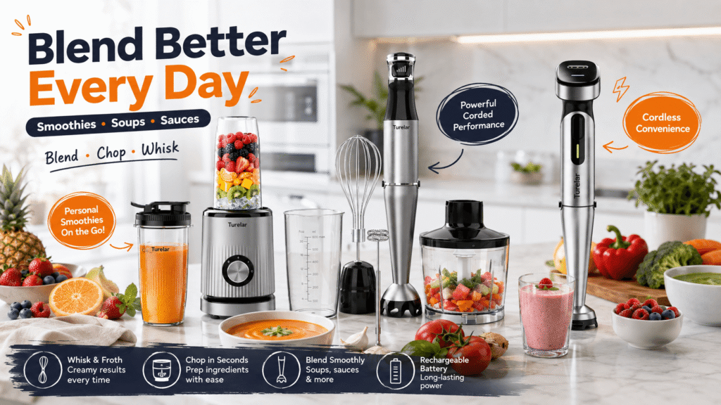 Turelar kitchen appliance collection featuring a personal smoothie blender, corded immersion blender with whisk and chopper attachments, and cordless hand blender in a bright modern kitchen with fresh fruits, vegetables, soup, and smoothies.