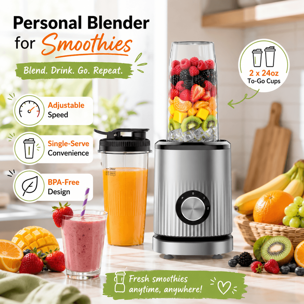 Turelar personal blender for shakes and smoothies displayed with fresh berries, kiwi, oranges, mango, and bananas in a bright kitchen, featuring adjustable speed, single-serve convenience, two to-go cups, and a compact countertop design.