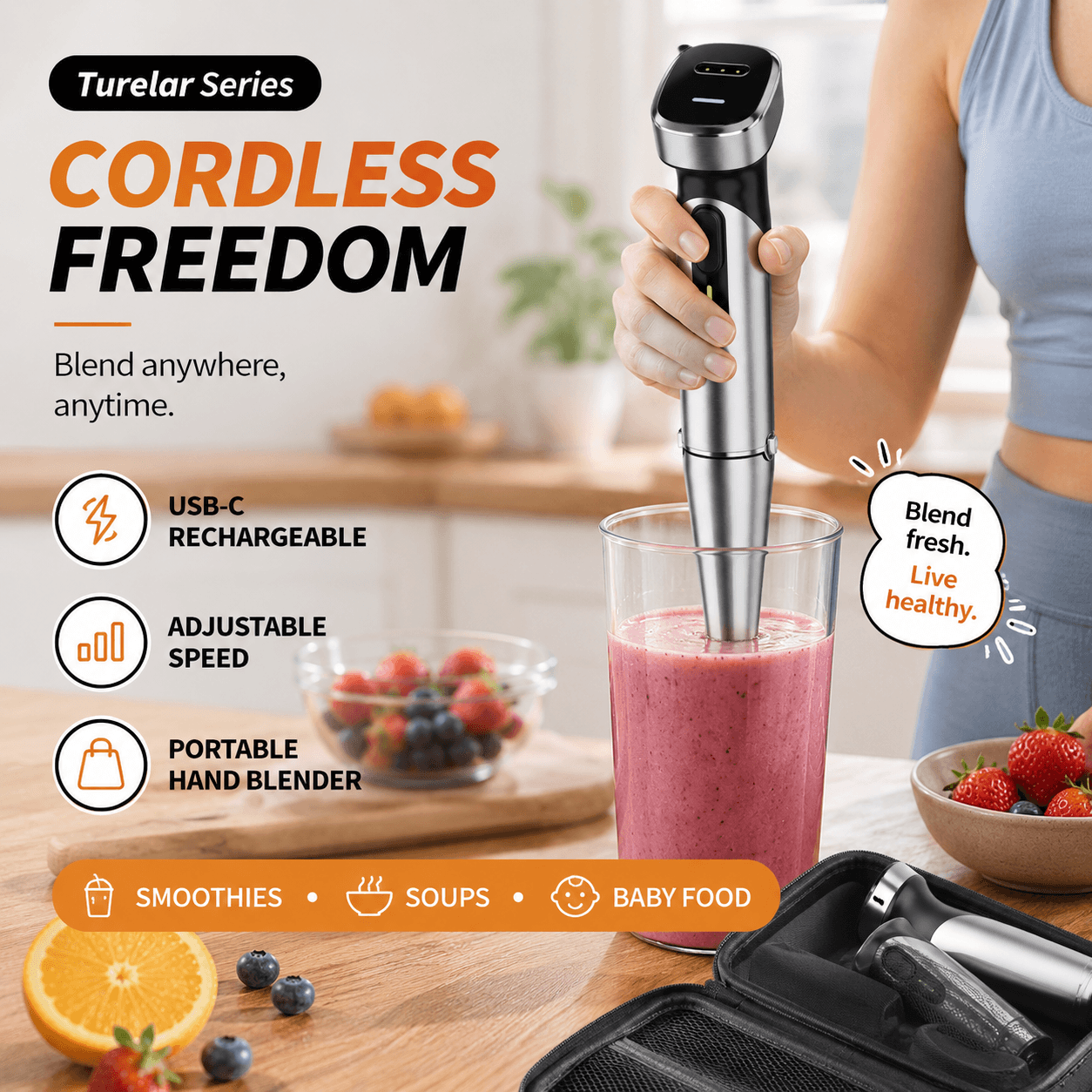 Turelar cordless immersion blender blending a fresh berry smoothie in a modern kitchen, highlighting rechargeable cordless operation, adjustable speed, portable handheld design, and versatile use for smoothies, soups, and baby food.