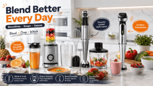Turelar kitchen appliance collection featuring a personal smoothie blender, corded immersion blender with whisk and chopper attachments, and cordless hand blender in a bright modern kitchen with fresh fruits, vegetables, soup, and smoothies.