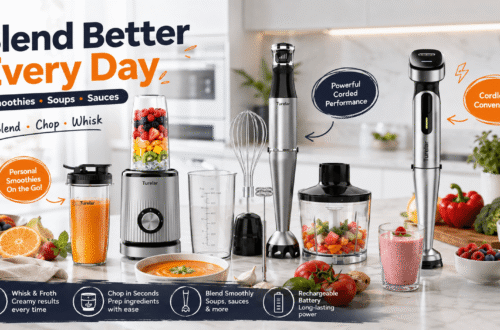 Turelar kitchen appliance collection featuring a personal smoothie blender, corded immersion blender with whisk and chopper attachments, and cordless hand blender in a bright modern kitchen with fresh fruits, vegetables, soup, and smoothies.