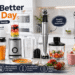 Turelar kitchen appliance collection featuring a personal smoothie blender, corded immersion blender with whisk and chopper attachments, and cordless hand blender in a bright modern kitchen with fresh fruits, vegetables, soup, and smoothies.