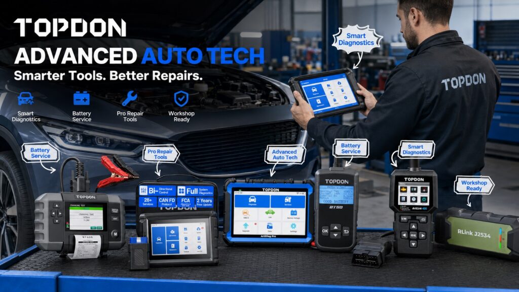 TOPDON automotive diagnostic tools displayed across a professional workshop bench with a technician scanning a vehicle, featuring BT600, AD800BT, ArtiDiag Pro, BT50, ArtiLink 400 and RLink J2534 solutions.