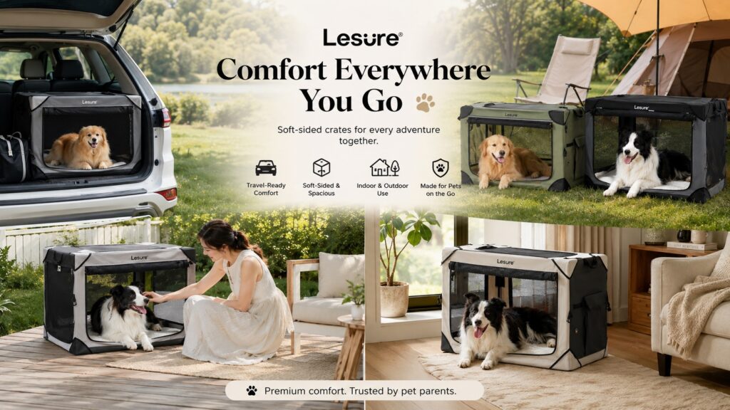 Lesure Amazon brand storefront showcasing pet travel crates, car pet seats, collapsible soft-sided dog crates, and outdoor pet accessories, highlighting a complete collection of pet mobility and comfort solutions.